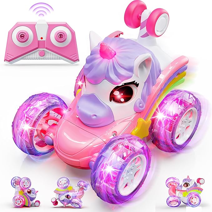 Carsky Unicorn Remote Control Car for Girls,360°Stunt RC Cars Rotation 4WD Remote Cars with LED Lights,Fun Indoor Outdoor Toys for Kids,Chritmas Easter Birthday Gift for 3 4 5 6 Year Old Girl