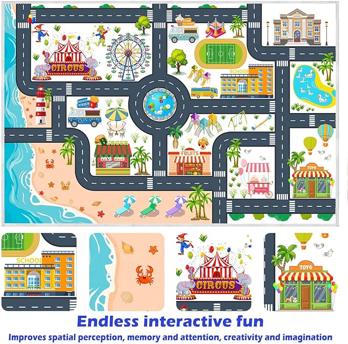 Kids Carpet Playmat Car Rug, Car Rug for Kids Toy Cars and Train, Non Slip Play Mat for Playroom Kids Room, City Life Educational Road Traffic Carpet for Classroom Nursery(White,31×47in)