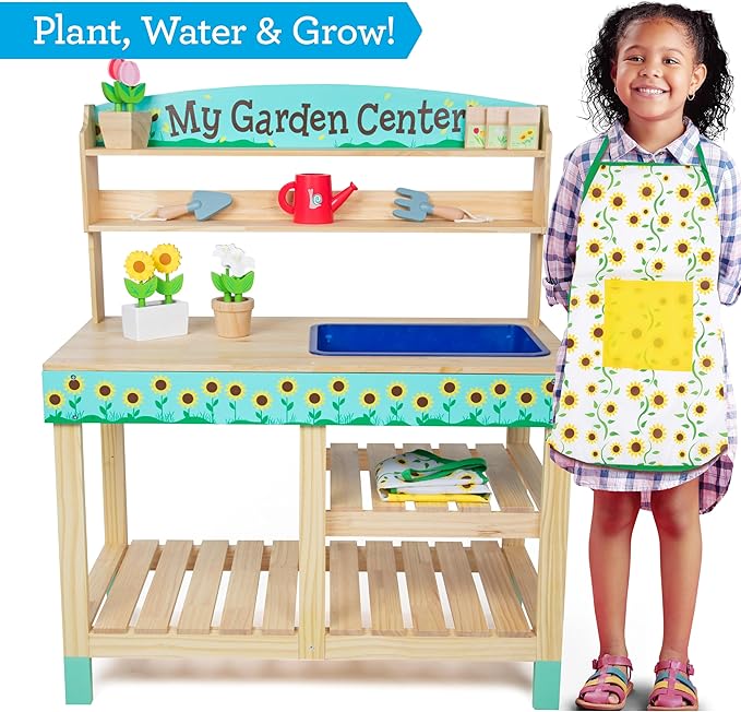 Svan Wooden Toy Gardening Center Indoor Playset - 22 Pc Garden Stand Set w Flowers, Seed Packets, Pots, Shovel Rake Apron Watering Pot- Great Interactive & Fun Pretend Playtime, Gift for Boys Girls