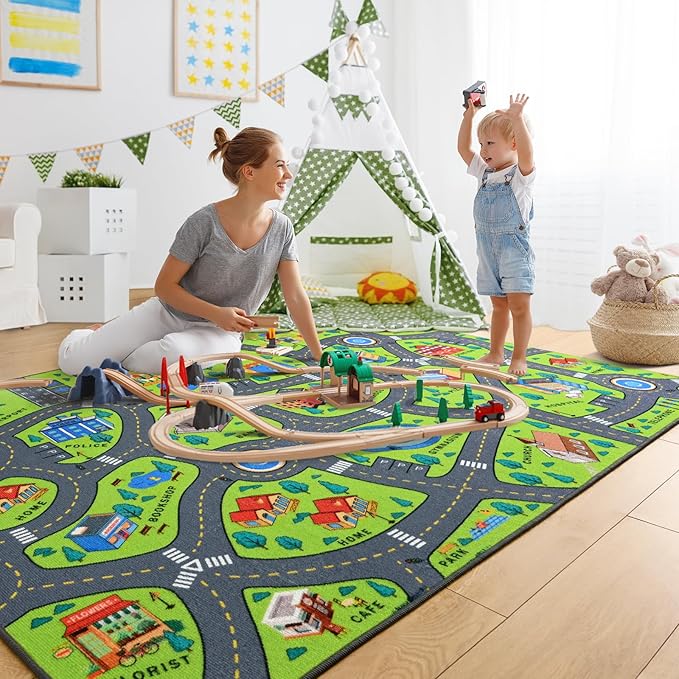 Merelax 4x6 Kids Car Rug Green Grey Area Rugs for Living Room Playroom Classroom Bedroom, Non Slip Kids Play mat Washable Rug, Educational City Traffic Road Map Fun Car Carpet for Ages 3-12