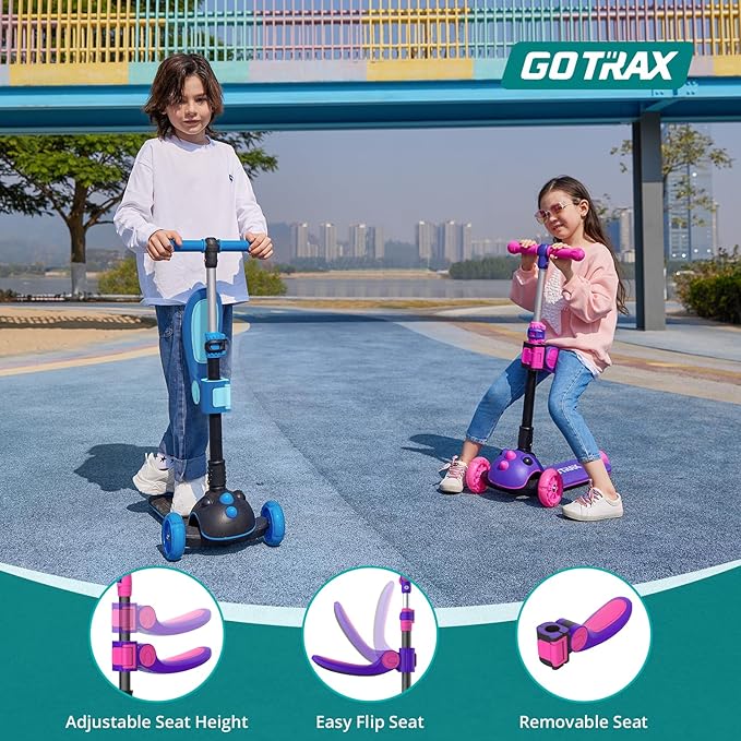Gotrax KS3 Pro Folding Kick Scooter for Kids, One Key Removable Seat & 3 Extra Wide PU Light-Up Wheels and Anti-Slip Deck, Adjustable Height Handlebar and Lean-to-Steer Scooter for Children Aged 2-8