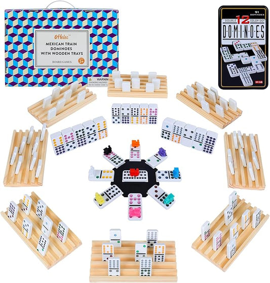 Mexican Train Double 12 Dominoes Set with 8 Trays, 9 Markers, 91 Tiles, 2 Scoreboards & Hub - Complete Family Board Game for Adults & Kids, Travel Friendly Dominoes Game Set for 2-8 Players