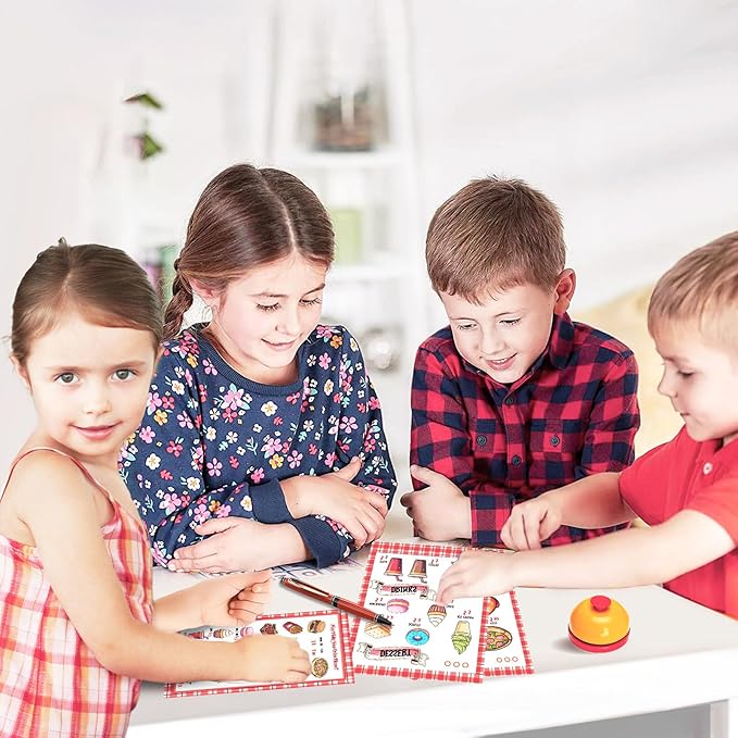 Restaurant Server Play Toys Set for Boys Girls Age 3-8, Role Play Set with Unisex Server Dress-Up Costume, Play Food, Play Money, Menu for Kids Play Kitchen, Restaurant,Xmas Stocking Stuffers for Kids