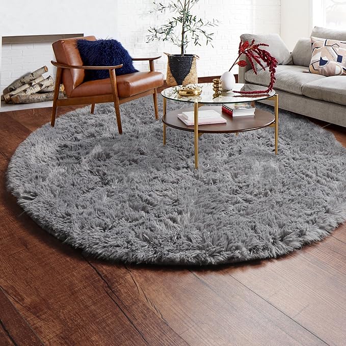 ONASAR Grey Round Area Rugs 5ft, Gray Soft Bedroom Circle Rug Floor Mats for Kids Girls Teen Room, Fluffy Plush Shaggy Carpet for Baby Nursery Living Room Playroom Home Decor Aesthetic