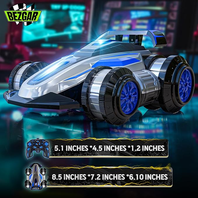 BEZGAR Upgraded Remote Control Cars for Boys Age 4-7 - 360 Spin Rotating Fast RC Vehicle, 4WD Upright Walking Rc Stunt Car with LED Lights Music, 2.4Ghz Indoor/Outdoor All Terrain Cars(Blue)