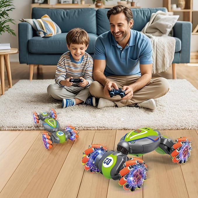 Remote Control Car for Boys Girls,Gesture Rc Stunt Car for 4-7 8-12 5 6 9 10 11 13 Year Old Boys Birthday Gifts,2.4 GHz 4WD 360° Rotatin Sensing Toys for Kids with Light and Music-Green Medium