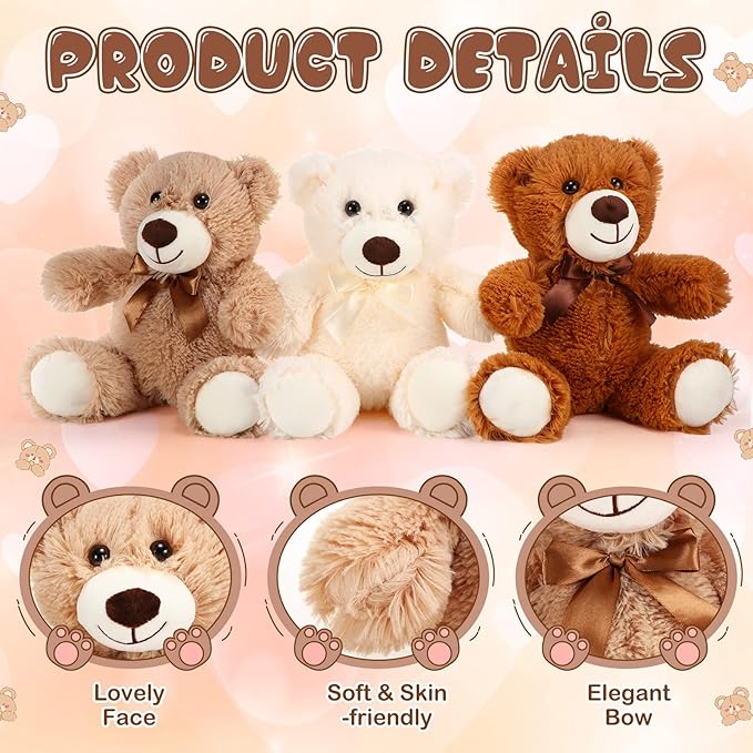 HyDren 6 Pcs Bear Stuffed Animal Plush Toys Soft Plush Dolls Bear Sleeping and Playing Toys for Baby Shower Decoration Boy(Long Plush,White, Brown, Beige)