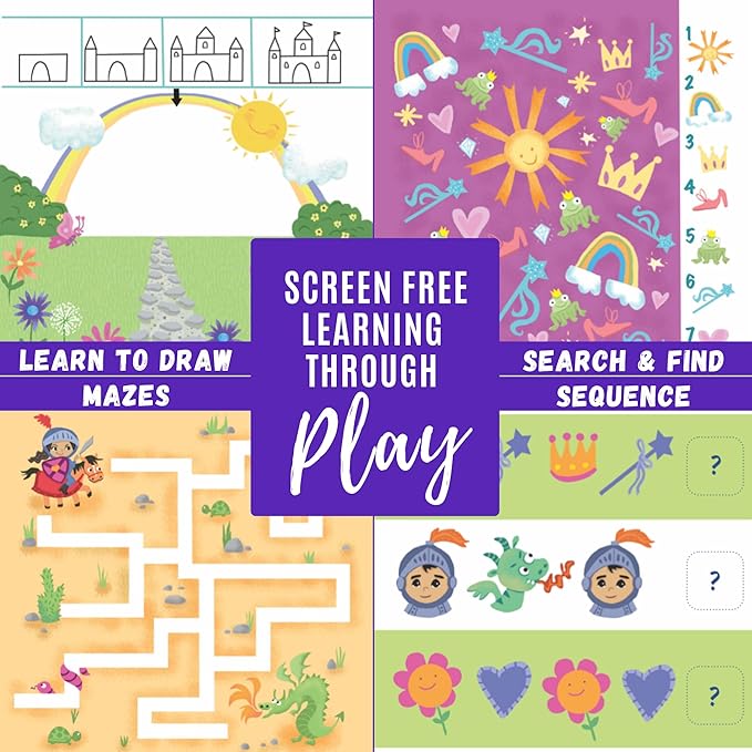 Kids Travel Educational Activity Book with Washable Markers - Car and Airplane Activities, Learning Toys for Toddlers- Search and Find, Reusable Stickers for Ages 4, 5, 6 (Princess)