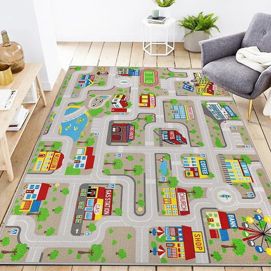Educational Road Traffic Carpet Kids Carpet Playmat Car Rug Fun City Life Map Kids Car Rug Non Slip Play Carpet for Children Playroom Bedroom Classroom Decor (Tan, 5'0''x6'6'')