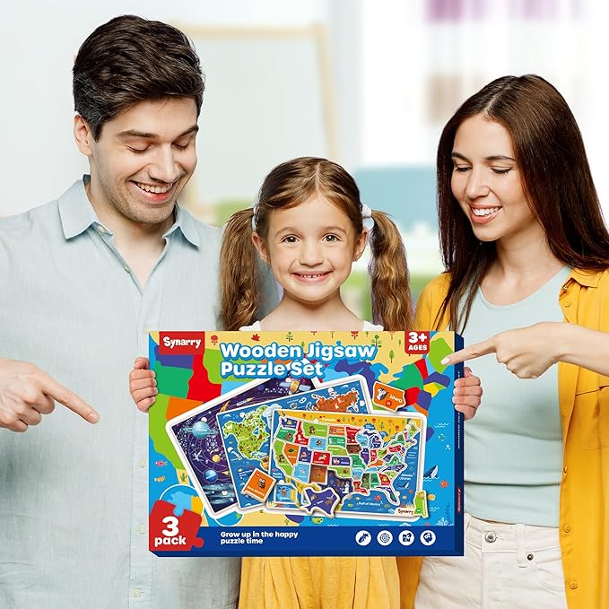 SYNARRY Large USA World Solar System Wooden Puzzles for Kids Ages 4-6, Wood Jigsaw Puzzles Educational Games Toys Gifts for Toddlers, Learning United States World Space Maps for Boys Girls Ages 3-8