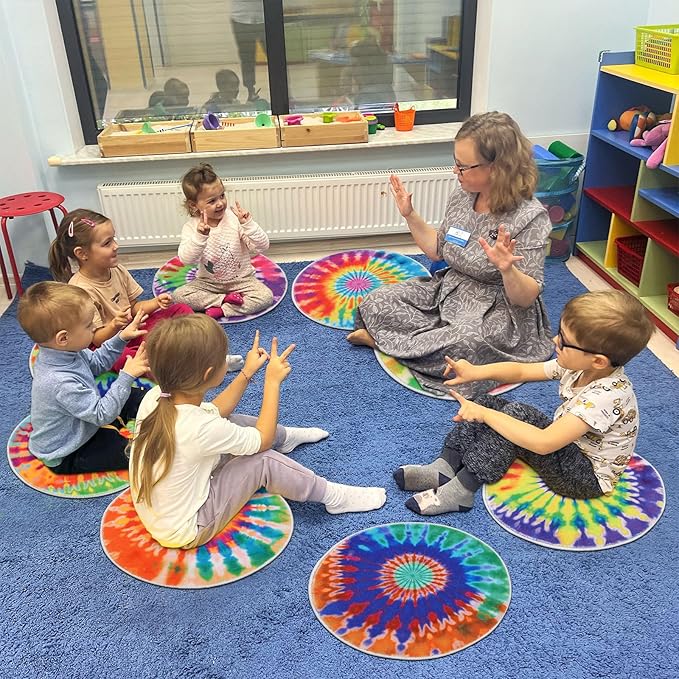 HiiARug Rainbow Carpet Circles for Classroom Sitting 12pcs Rainbow Crazy Carpet Circle Seats Colorful Children's Area Rug for Kids Playroom Daycare Preshool Room Decor 18"x18"