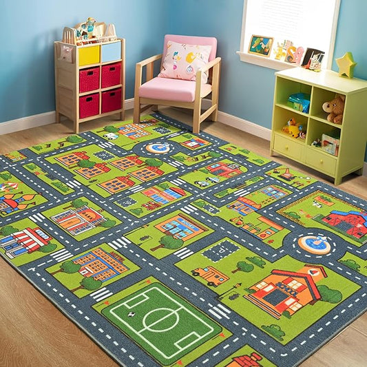 Merelax 3x5 Kids Car Rug Grey Green Area Rugs for Living Room Playroom Classroom Bedroom, Non Slip Kids Play mat Washable Rug, Educational City Traffic Road Map Fun Car Carpet for Ages 3-12
