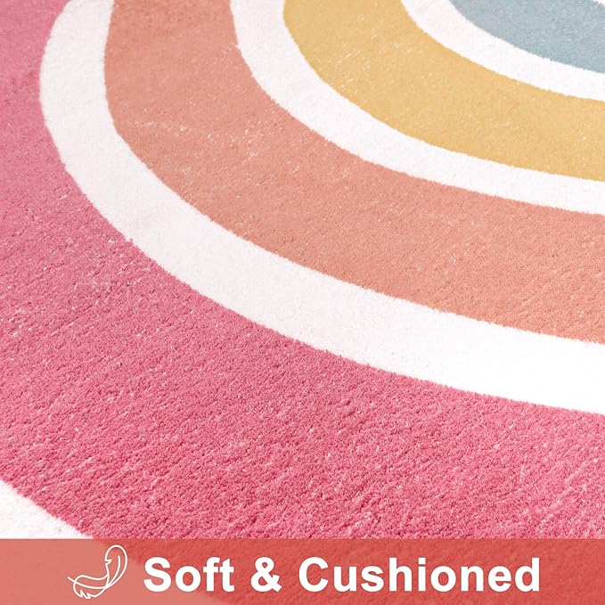 STARUIA Round Rainbow Rug for Girls Bedroom, 4 Ft Washable Kids Rug for Baby Nursery, Non-Slip Circle Area Rug Colorful Princess Carpet for Teen Dorm Playroom Tent