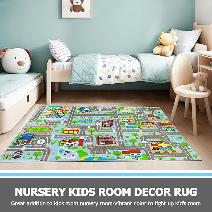 Capslpad Sky Blue Car Road Kid Rug Carpet Playmat for Playoom Traffic Road Kids Play Mat for Toddler Non Slip Washable City Map Race Track Carpet Rug for Kids Room Bedroom Nursery Room Decor,5.2'x3.3'