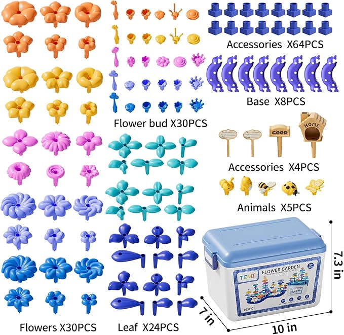 TEMI 165 PCS Flower Garden Building Toys for Toddler, Educational STEM Toy and Preschool Garden Play Set for Toddlers 3 4 5 6 7 Year Old Kids Boys Girls, Flower Stacking Toys for Kids Age 3-8