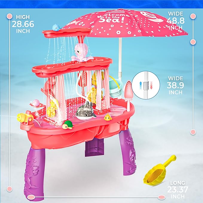 BELLOCHIDDO Water and Sand Table with Water Pumb & Umbrella - Summer Toys 3-Tier Kids Water Play Table, Outdoor Beach Toys with Cute Accessories