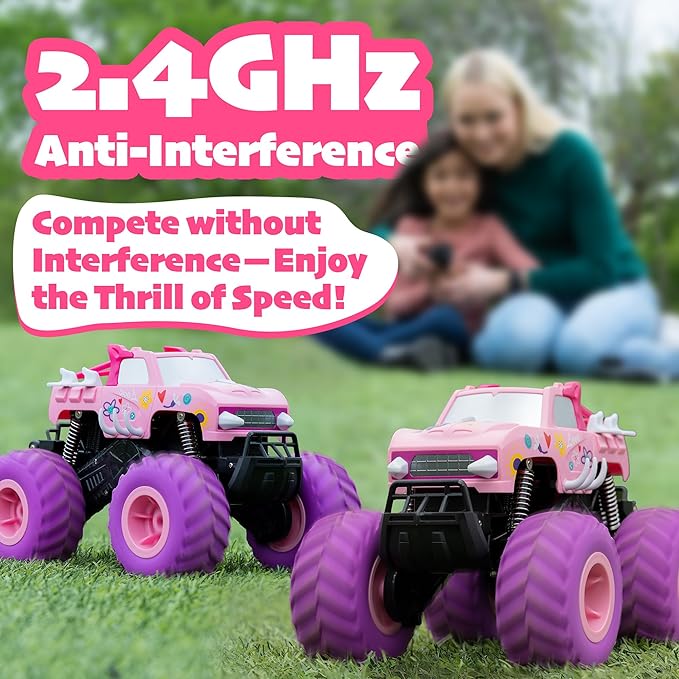 Threeking 1:16 Waterproof Pink RC Monster Truck Toys Amphibious Remote Control Car Pickup 4WD All-Terrain Toy Gift for Girls Ages 6 7 8 9 10 11 12 Durable Off-Road Fun for Indoor & Outdoor Play