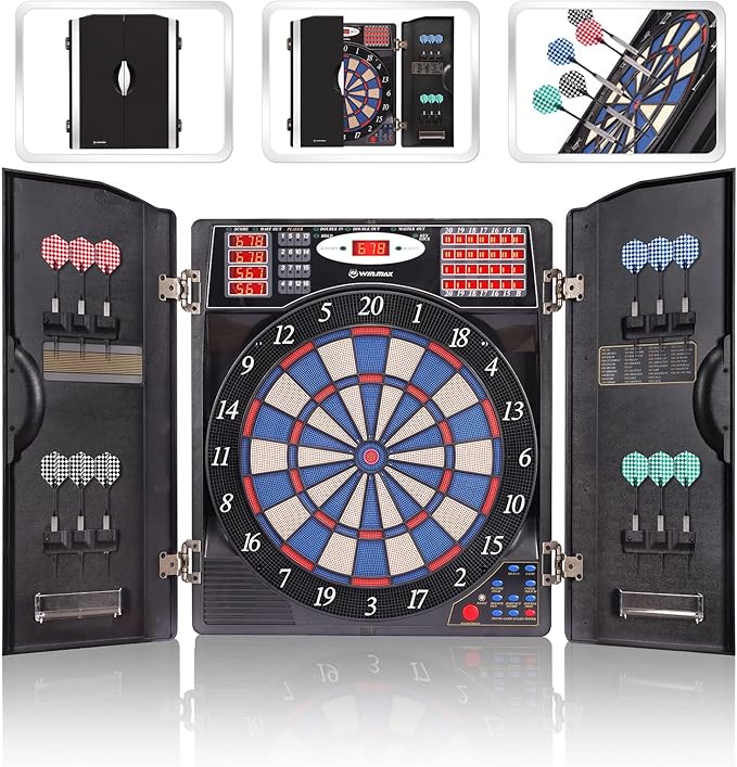 WIN.MAX Electronic Dart Board Cabinet Set, LED Electric Digital Soft Tip Dart Boards for Adults with Cabinet, up to 16 Players, 38 Games and 211 Variations with 12 Soft Tip Dartboard Set