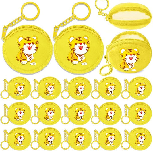 15 Pack Tiger Mini Coin Purses with Keyring for Tiger Jungle Safari Party,Goodie Bag Stuffer,Present for Friends,Creative Souvenirs,Birthday,Yellow