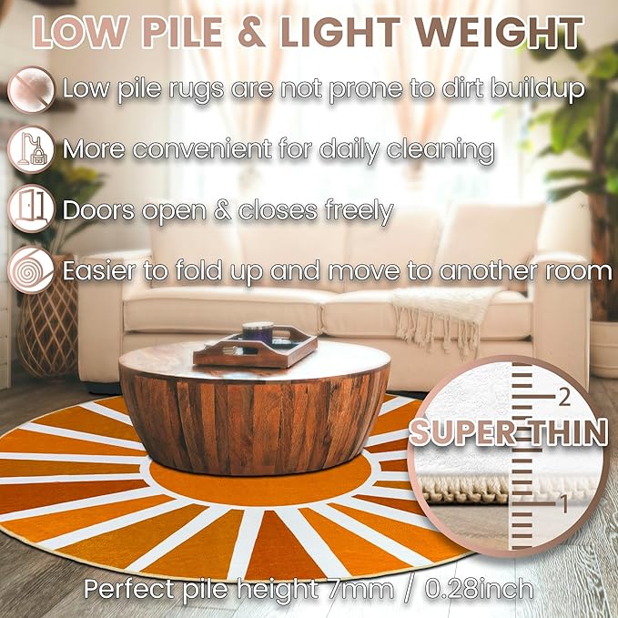 Washable 5Ft Round Sun Rug for Living Room, Brown Sun Modern Abstract Boho Circle Area Rugs, Ultra-Thin Low Pile Lightweight Indoor Carpet Mat with Non-Slip Backing for Bedroom Kids Nursery Playroom