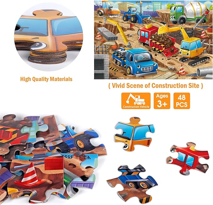 Jumbo Floor Puzzle for Kids,Construction Site Jigsaw Large Puzzles,48 Piece Construction Vehicle Puzzle for Toddler Ages 3-5,Children Learning Preschool Educational Toys,Gift for 4-8 Years Old