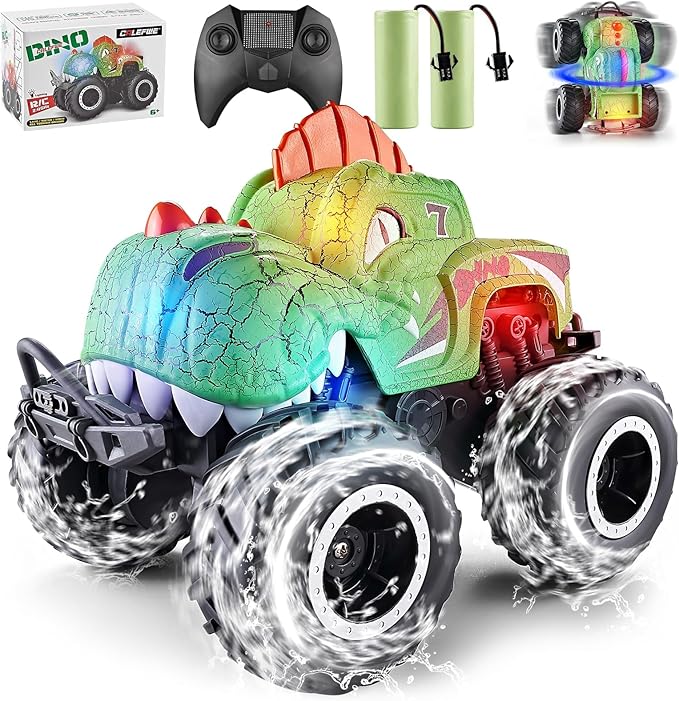 Amphibious Monster Truck Toys, 1:20 Waterproof Dinosaur Monster Trucks for Boys Age 4-7, 2.4GHz All Terrain RC Cars with 2 Batteries, 360° Rotating Stunt RC Car Toy Birthday Gift for Kids 3-5