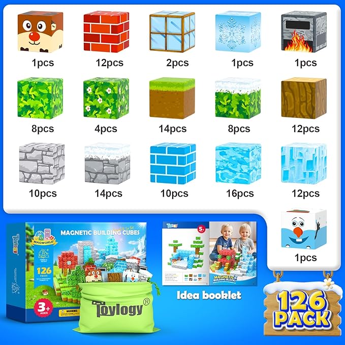 126PCS Magnetic Blocks-Mine Magnet World Forest & Ice Edition, Sensory Building Blocks Set STEM Construction Toys for Toddlers Kids Ages 3-5 5-7 8-13, Gifts for 3-8 Year Old Boys Girls