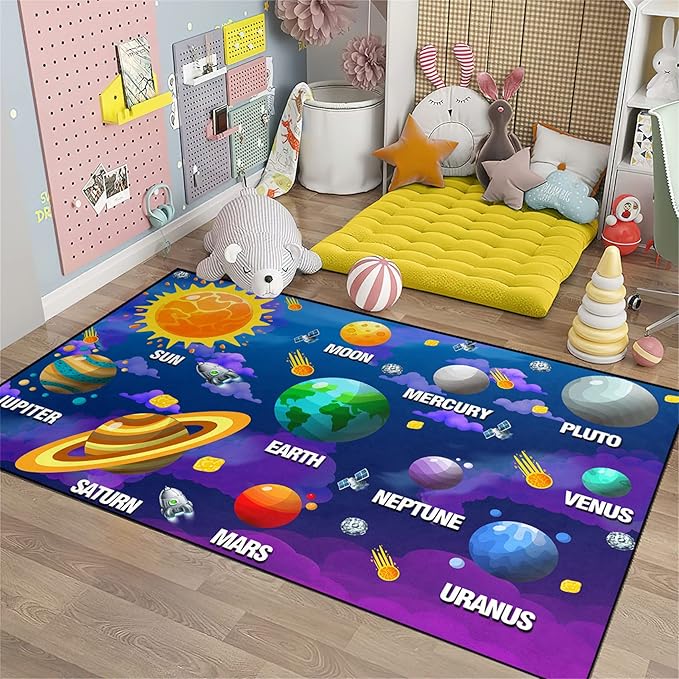 Universe Planet Area Rugs Outer Space Rugs for Boys Bedroom Educational Sofa Floor Mat Galaxy Solar System Theme Throw Rugs for Indoor Outdoor Carpets Crystal Polyester Mats Oversized, 4'5''×6'