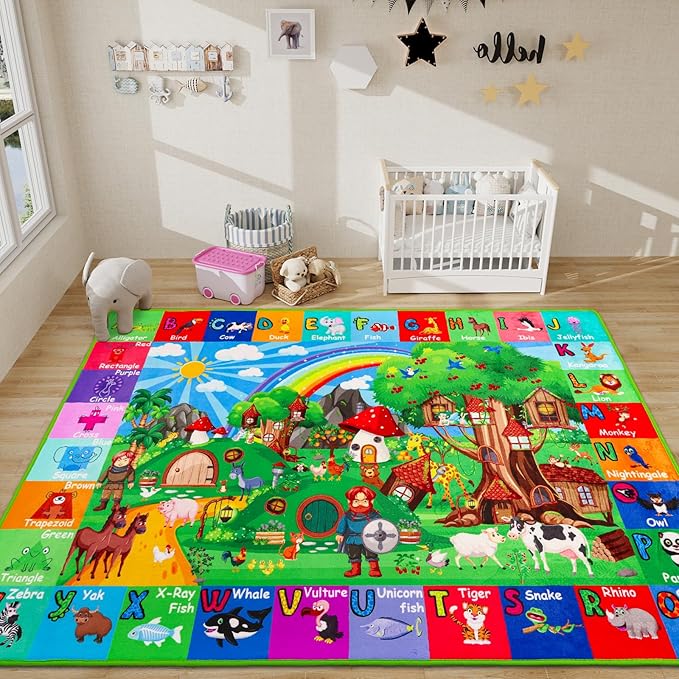 ABC Kids Rug for Playroom 110" ×78.7" Hobbit House Educational Kids Playmat Alphabet Animal & Shape Learning, Premium Non-Slip Playmat for Toddlers Letters Farm Animals Color Foam Classroom Carpet