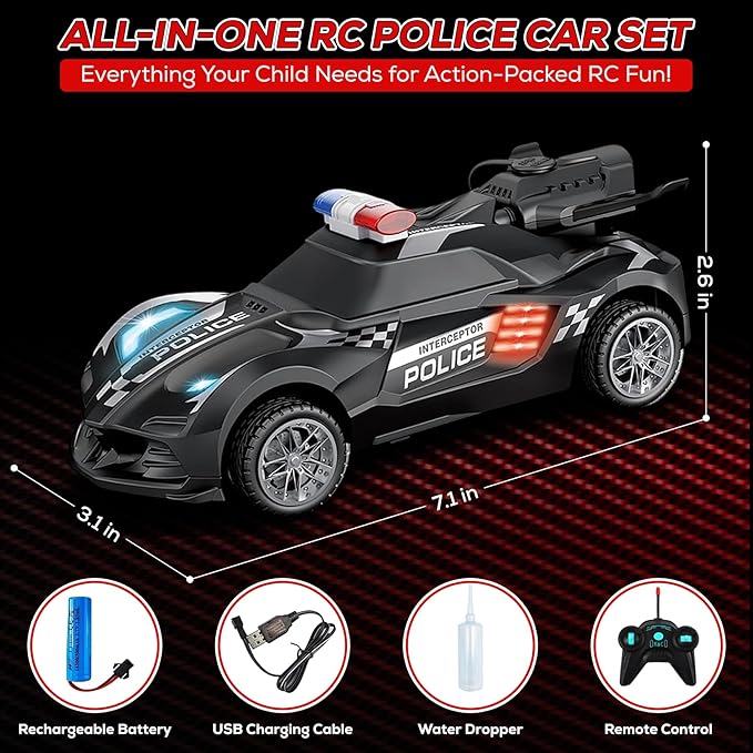 Remote Control Car – Police Car Toy with Powerful Motor, Anti-Slip Rubber Tire – RC Cars with Stunt Spray Button – Unique Smoke Effect and Water Injection