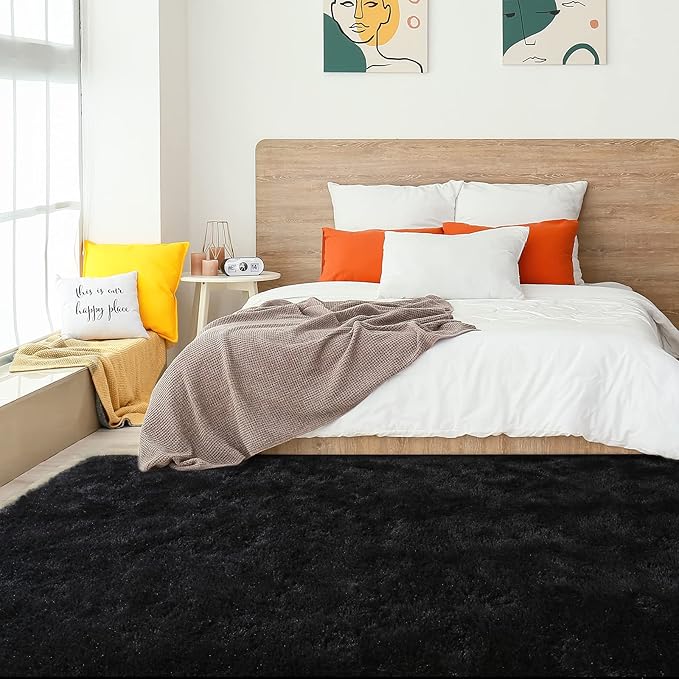Amearea Shag Fluffy Area Rug for Bedroom Girls Living Room, Extra Soft and Fuzzy Shaggy Rugs, Non Slip, Solid Color Carpet Mat for Boys Nursery Home, Black 6x9 Feet