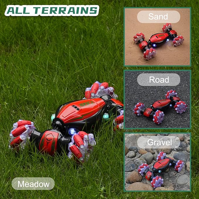 Gesture Sensing RC Stunt Car - Christmas Red, Best Birthday Gifts for Kids 6-12, Hand Remote Control Double Side Twist Cars Toys with Light Music, 4 WD Drift Off Road for Rotation