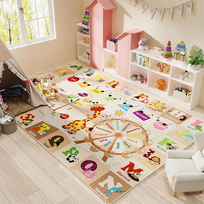 Playroom Rug Daycare Kids Rug 3x5,Educational and Fun Nursery Rug with ABC Alphabet Animals Classroom Rug Washable Kids Play Mat Baby Toddler Children Girls Rugs for Bedroom,Beige and Pink