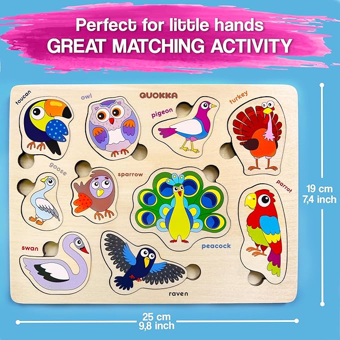 QUOKKA Wooden Puzzles for Toddlers Ages 1-3-5 – Animal Peg Puzzles for Kids 2-4 Years Old – Set of 3 Wood Learning Travel Toys for Children – Gift Educational Game for Boys and Girls