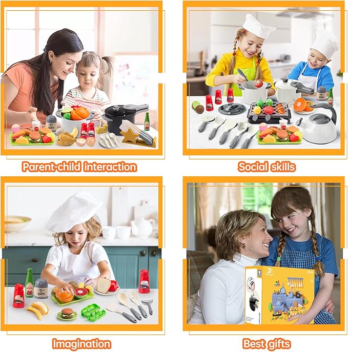 105Pcs Kids Kitchen Toy Accessories, Toddler Pretend BBQ Camping Cooking Playset, Play Pots, Pans, Utensils Cookware Toys, Play Food Set, Vegetables, Learning Gift for Girls Boys