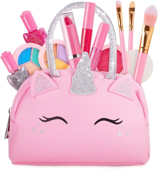 Kids Real Makeup Kit for Girls with Pink Unicorn Purse, Non Toxic Washable Make Up Toy - Easter Basket Stuffers for Toddler & Gifts for Girl Ages 3 4 5 6 7 8 9 10 Years Old - Pretend Play Vanity Set