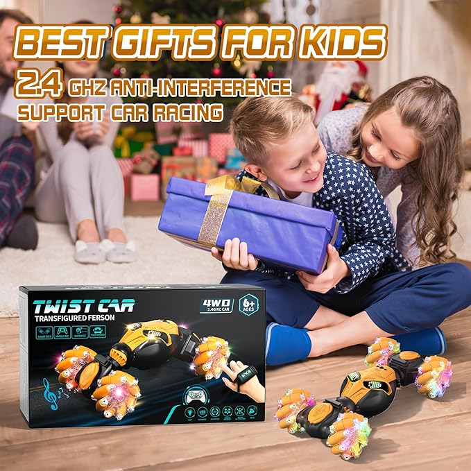 Axirata Gesture Sensing RC Stunt Car with Lights & Music for Kids 6-12 Year Old 4WD 2.4GHz Hand Controlled Remote Control Car 360° Rotation Off-Road Toy Car Gift for Boys Girls（Yellow）