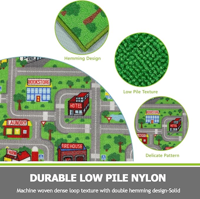 Capslpad Green Car Road Kid Rug Carpet Playmat for Playoom Traffic Road Kids Play Mat for Toddler Non Slip Washable City Map Race Track Carpet Rug for Kids Room Bedroom Nursery Room Decor,6.6'x6.6'