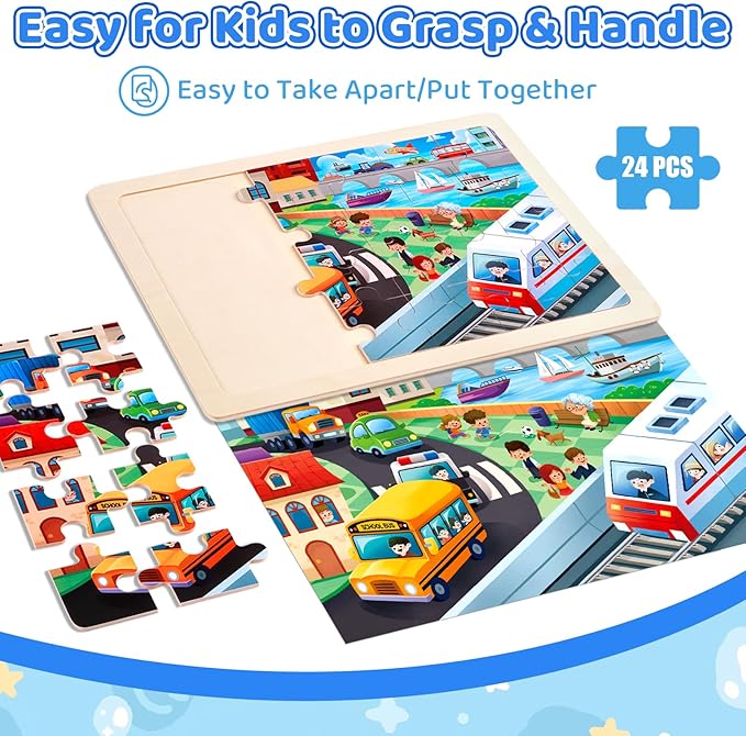 4 Pack Wooden Puzzles for Kids Ages 3-8 - City Life 24-Piece Educational Toddler Puzzles - Montessori Learning Toys for Boys Girls - Ideal Birthday Christmas Easter Gifts for Ages 3 4 5 6 7 8 Year Old