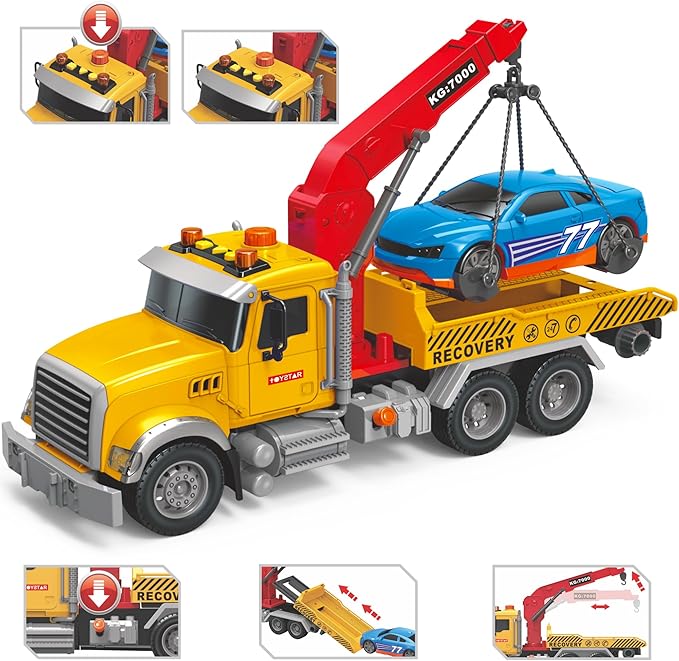 MOBIUS Toys Tow Truck Flatbed and Crane with Race Car Playset – Large 15" Rescue Vehicle Toy w/Friction Push & Go, Lights & Sounds, Birthday Gift for Kids, Toddlers, Girls & Boys Ages 3-8