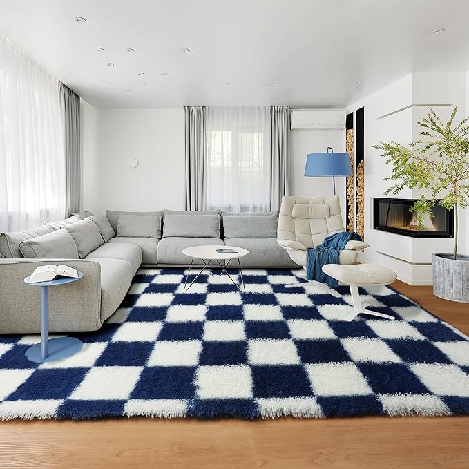 KICMOR Living Room Rug 5x7 Checkered Fluffy Area Rug, Navy Blue and Cream White Fuzzy Shag Shaggy Bedroom Carpets, Soft Plush Indoor Floor Rug for Kids Boys Girls Room Nursery Playroom Home Decor