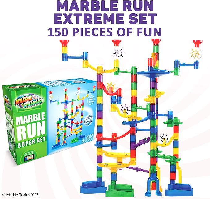 Marble Genius Marble Run - 150 Complete Pieces Maze Track Easter Toys for Adults, Teens, Toddlers & Kids Aged 4-8 Years Old, (85 Translucent Marbulous Pieces + 65 Glass-Marble Set), Super Set