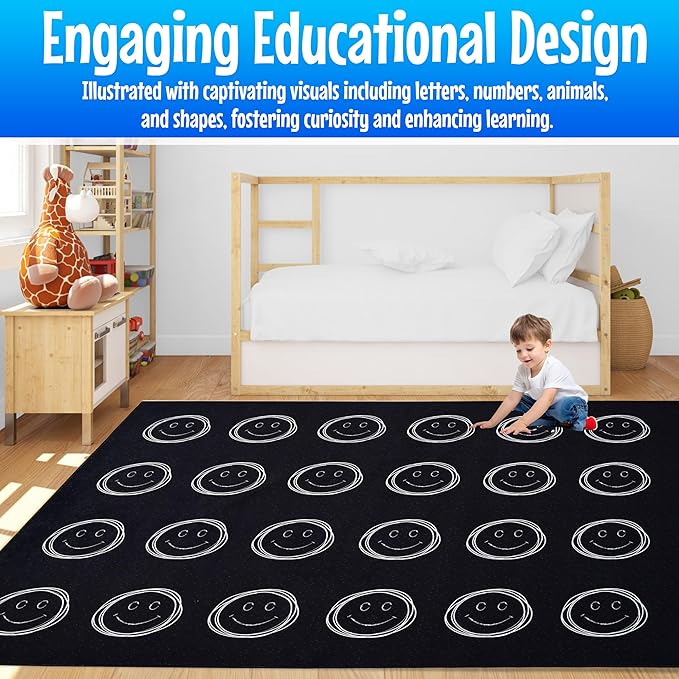 Hudson Comfort Classroom Rug 9x12 - Rugs for Elementary, Daycare, Nursery, and Playroom - Super Soft Non-Slip Carpet - Kids Fun Floor Mat for Playtime (Smiley Face)