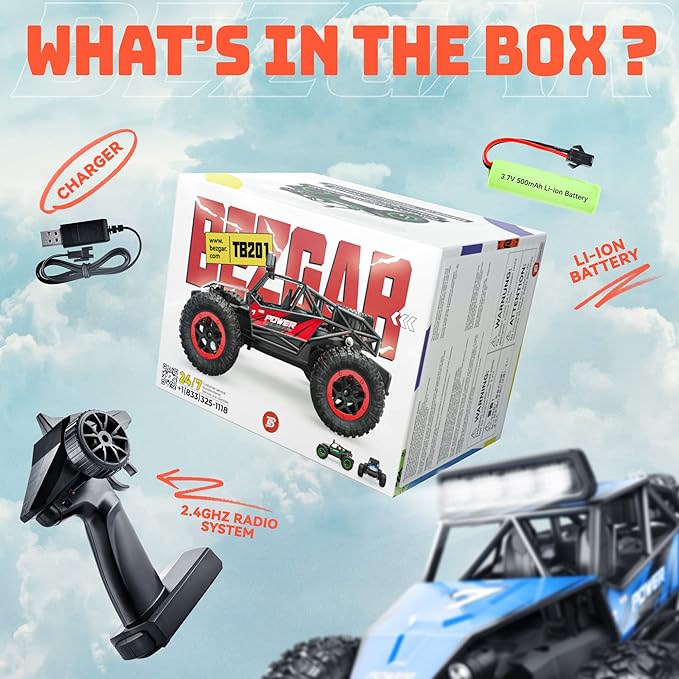 BEZGAR TB201 RC Cars-1:20 Scale Remote Control Car-2WD High Speed 20 Km/h Electric Toy Off Road Vehicle Monster Truck Crawler with LED Headlight and Rechargeable Battery for 8-12 Year Old Boys Girls
