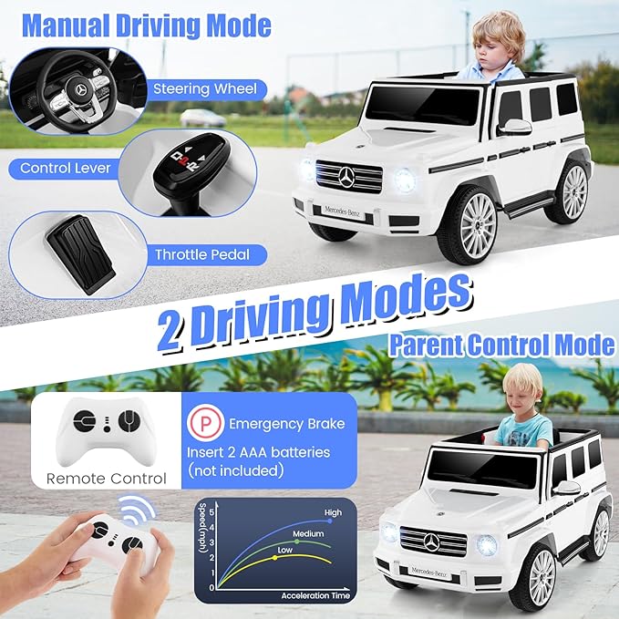 Costzon Ride on Car, Mercedes-Benz G500 Licensed Truck w/Rocking Mode, 3 Speeds, Remote, Horn, Music & LED Lights, Spring Suspension, 12V Battery Powered 4WD G Wagon Electric Vehicle for Kids (White)