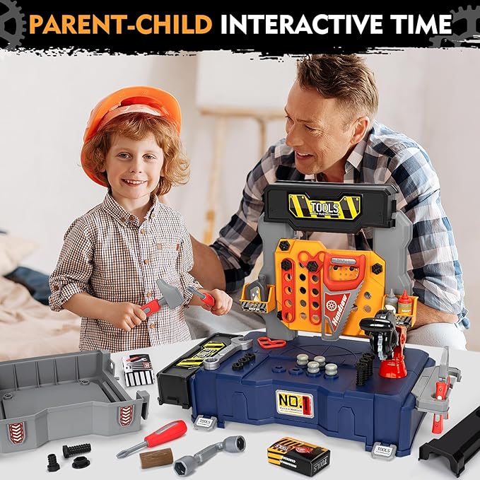 Kids Tool Bench Set with Electric Drill and Chair,Construction Workbench Toys for Toddlers 3-5,Kids Tool Play Set,Multifunctional Transformable Toolbox,Boy Gift for 3 4 5 Years Old