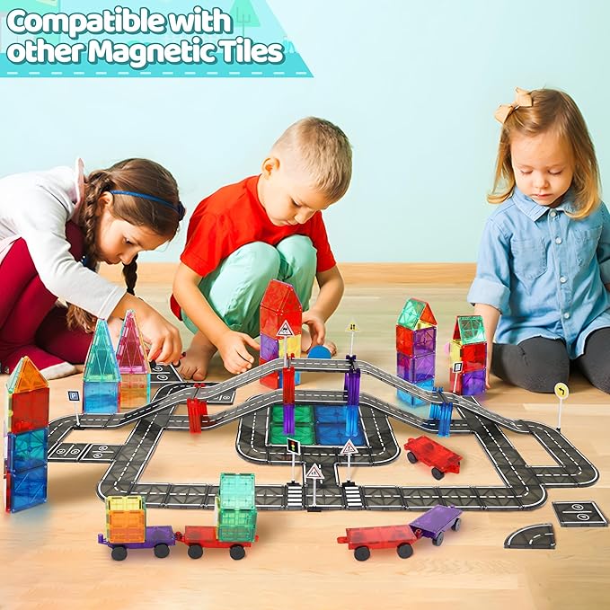 Playmags Magnetic Tiles Road Set for Kids - 130-Pieces Magnet Building Blocks Toy - Durable Creative STEM Learning Toys with Curved & Straight Car Race Track for Kids Ages 3+