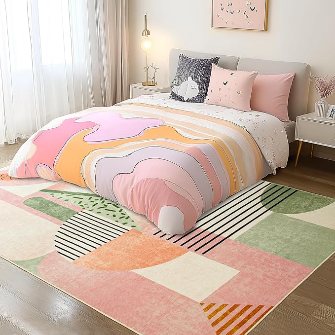 Tepook Pink Area Rug for Living Room, 5x7 Indoor Carpet for Bedroom Washable, Non-Slip Abstract Print Kids Rug for Nursery Playroom Classroom Dorm Office Dining Room