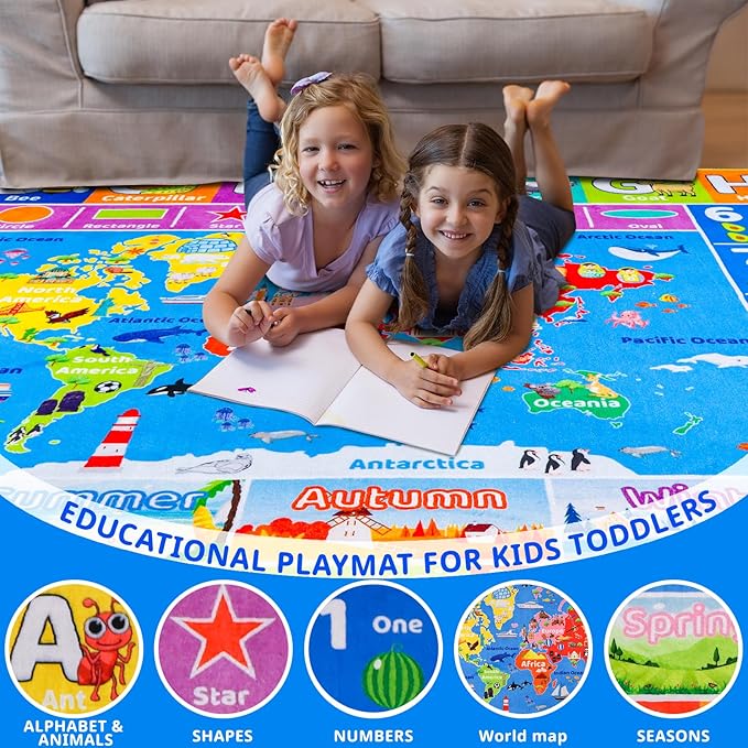 World Map ABC Kid Rug for Playroom 78.7"×59" Geography Classroom Play Rug Educational Baby Playmat Alphabet Mat for Primary School Fluffy Non-Slip Preschool Carpet Nursery Room Elementary Learning