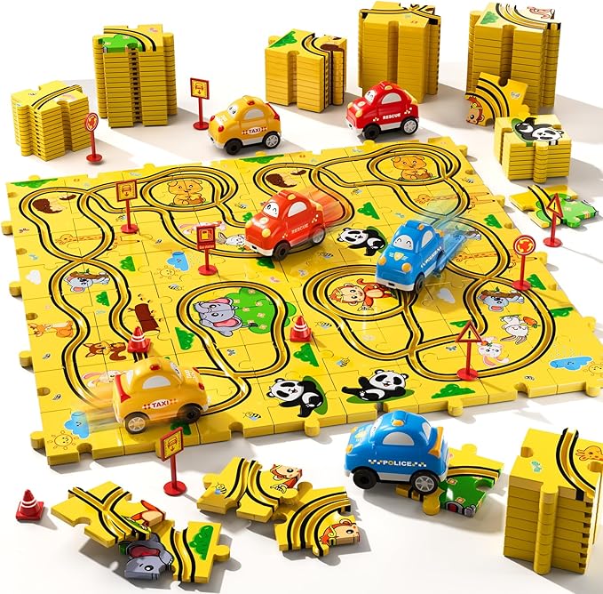 64 PCS Puzzle Race Cars Track Set Toys for Kids Boys, Puzzle Racer Kids Car Track Set Ages 3-5 4-6, Toys Gifts for 3 4 5 Year Old Boys, Ideal 3 4 5 Year Old Boys (Animals)